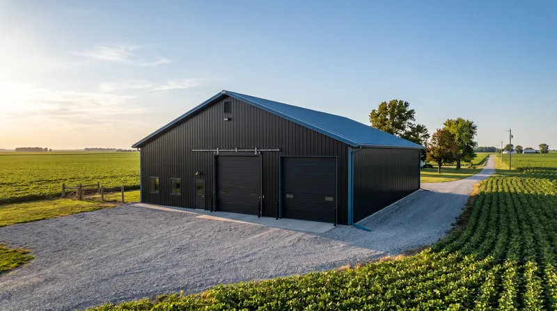 Large pole barn with dark metal siding in Iowa