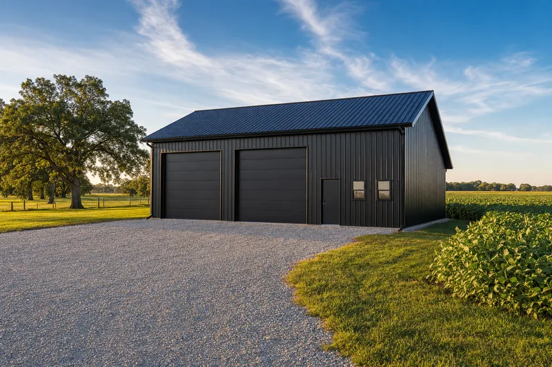 Large pole barn with dark metal siding in Iowa