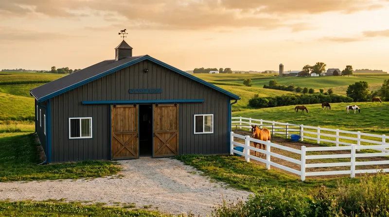 Pole barn horse barn with pasture and white fencing in Iowa